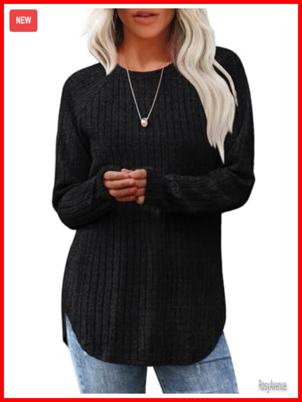 Long Sleeve Tunic Top Loose Fit Crewneck Curved Hem Pullover
